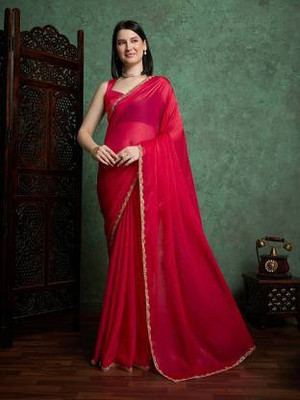 Sanjana Silks Solid/Plain Bollywood Chiffon Saree(Red)