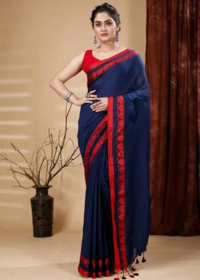 makalitraders Solid/Plain Handloom Cotton Blend Saree(White)