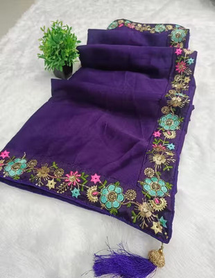 Online Bazaaar Embroidered Bollywood Georgette Saree(Purple)