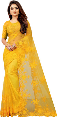 YASHVI Embroidered Bollywood Net Saree(Yellow)