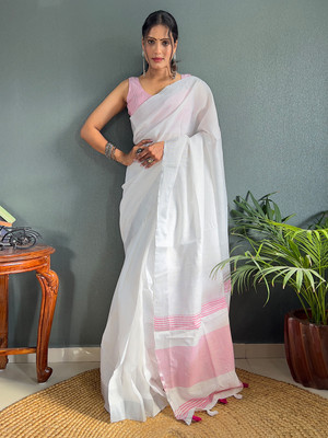 Divastri Solid/Plain Bollywood Cotton Linen Saree(Pink)