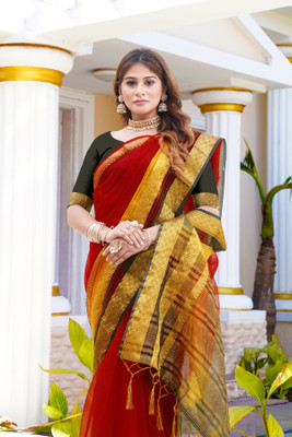 Aarunika SST Solid/Plain Bollywood Organza Saree(Red)