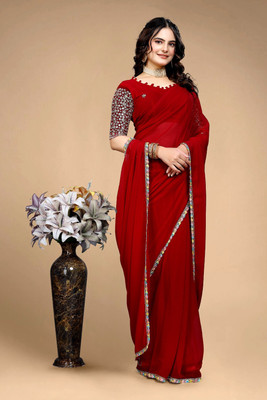 LegacyStore Embellished, Embroidered, Solid/Plain Bollywood Georgette Saree(Red)