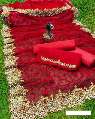 MIYANIFAB Embroidered, Floral Print Bollywood Net Saree(Red)