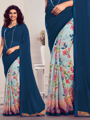 MEETVIN COUTURE Printed, Self Design, Digital Print, Embroidered, Floral Print, Solid/Plain Daily Wear Georgette, Chiffon Saree(Blue)