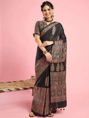 Sangria Printed Hand Batik Silk Blend Saree(Black)