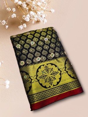 Prachi Silk Embellished, Temple Border Banarasi Pure Silk Saree(Black)