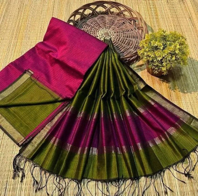 jyotika Solid/Plain Handloom Cotton Silk Saree(Green, Pink)