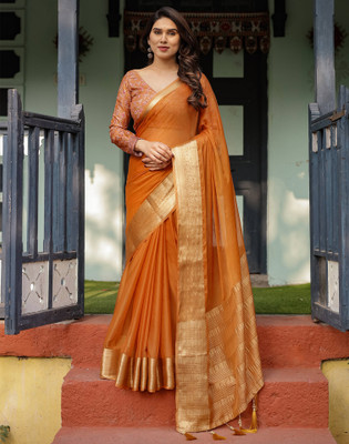 Satrani Woven, Embellished Mangalagiri Chiffon Saree(Orange)