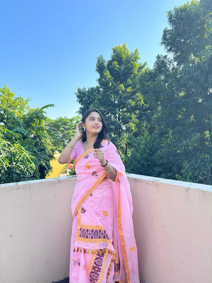 Divine Fabrics Woven Mekhela Chador Pure Cotton Saree(Pink)