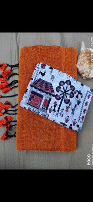 SMRITI BOUTIQUE Solid/Plain, Printed Kalamkari Handloom Pure Cotton Saree(Orange)