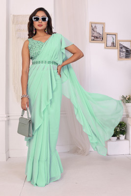 PATLANI STYLE Solid/Plain Pre Draped Saree Georgette Saree(Light Green)
