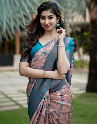 K SALIYA Woven Banarasi Jacquard Saree(Pink, Blue)