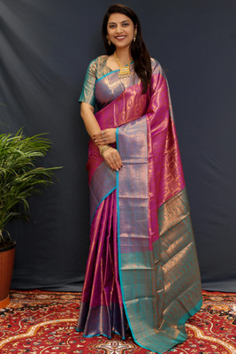 ALPENIKA Embellished Kanjivaram Jacquard, Silk Blend Saree(Purple)