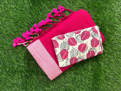 HouseOfCommon Solid/Plain, Printed Kalamkari Handloom Pure Cotton Saree(Pink)