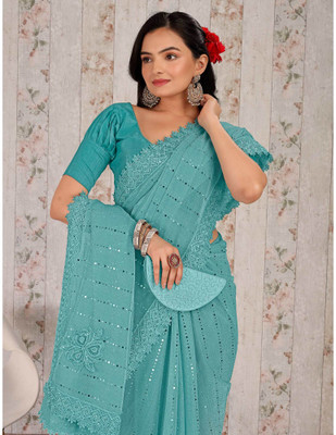 Vraggi Embellished Bollywood Lycra Blend Saree(Light Blue)