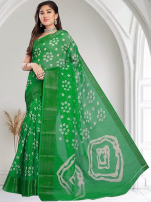 Grubstaker Printed Hand Batik Cotton Blend Saree(Green)