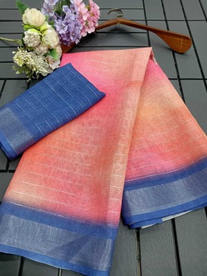 Kuwarika Printed Kanjivaram Linen, Cotton Linen Saree(Pack of 2, Blue, Pink)