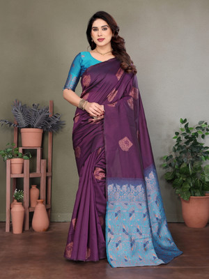 Kirtan Trading Woven, Self Design Kanjivaram Pure Silk, Art Silk Saree(Purple)