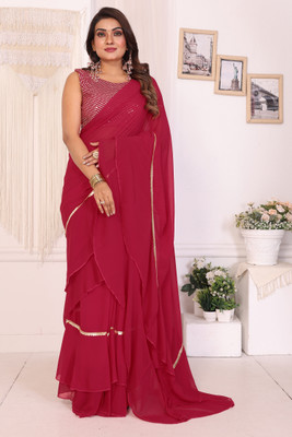 DWINIZAA STORE Embroidered Pre Draped Saree Georgette Saree(Pink)