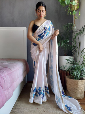 ANOUK Printed Chanderi Satin Saree(White)