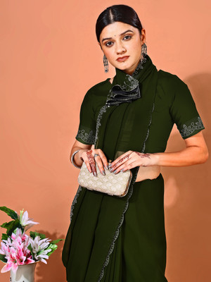 Leelavati Embellished Bollywood Chiffon Saree(Dark Green)