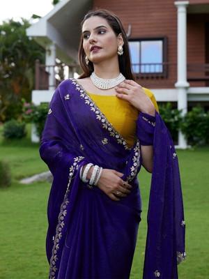 Vraggi Embroidered Bollywood Chiffon, Pure Silk Saree(Dark Blue)