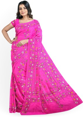 Soul of Bengal Embroidered Kantha Art Silk Saree(Pink)