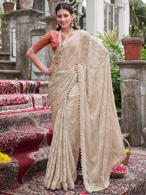 Tasrika Embellished Daily Wear Chiffon Saree(Cream)