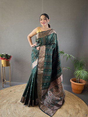 SGF11 Self Design Handloom Pure Silk Saree(Dark Green)