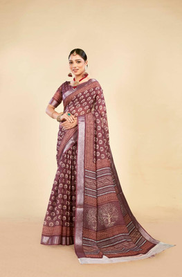 VTEXX Digital Print Saree with Attached Blouse Cotton Linen Saree(Multicolor)