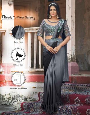 Samah Embellished, Dyed Bollywood Lycra Blend Saree(Grey, Black)