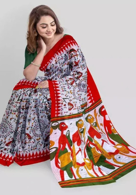 SUNDREESAREE Blocked Printed, Color Block, Floral Print, Printed Daily Wear Pure Cotton Saree(Red, White)