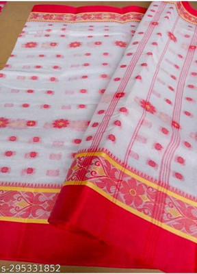 BiswasTextiles Solid/Plain Handloom Cotton Blend Saree(Green)