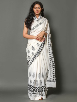 BUTA BUTI Printed Daily Wear Cotton Blend Saree(White)