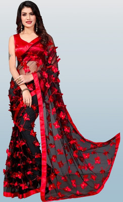 Sifoz Gallery Embroidered Assam Silk Net Saree(Black)