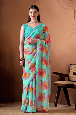 MANVIKA FASHION Floral Print Daily Wear Chiffon Saree(Light Blue)