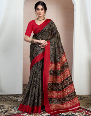 Samah Blocked Printed, Printed Bhagalpuri Khadi Saree(Red, Black)