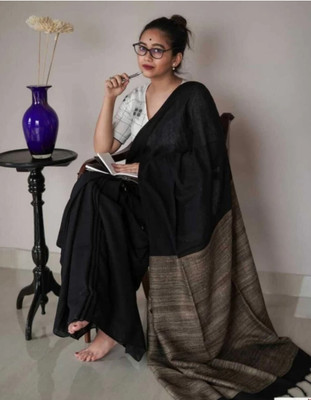 SANVISAREE Solid/Plain Tant Cotton Silk Saree(Black)