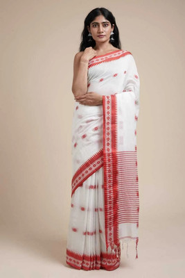 VERVE Temple Border Handloom Cotton Blend Saree(White, Red)