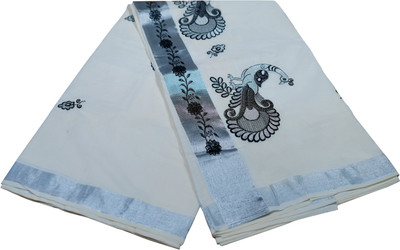 EverGreenNest Woven, Solid/Plain, Self Design, Striped Kasavu Cotton Blend Saree(White, Silver, Black)