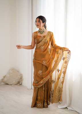 Sajavat Embroidered, Embellished, Floral Print, Self Design Bollywood Chiffon Saree(Yellow)
