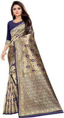 Hinayat Fashion Self Design, Printed, Embroidered, Embellished, Woven Kanjivaram Pure Silk, Art Silk Saree(Blue)