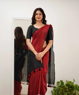 ACHOL Solid/Plain Handloom Pure Cotton Saree(Red)