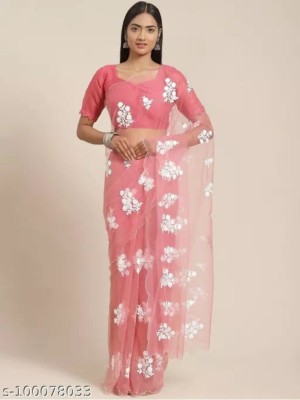 NIYANTAKSH Embroidered Bollywood Net Saree(Pink, White)