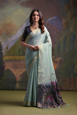 PeachPetals Floral Print, Self Design Banarasi Cotton Silk Saree(Light Blue)