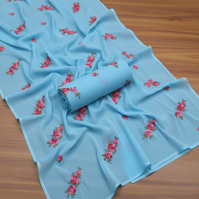 Apnisha Embroidered Daily Wear Georgette Saree(Light Blue)