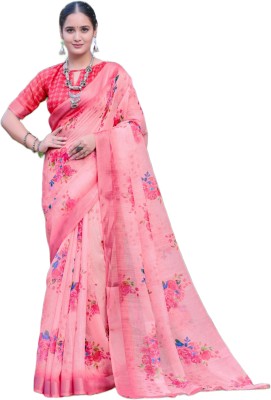 Sidhidata Printed Daily Wear Cotton Linen Saree(Pink)