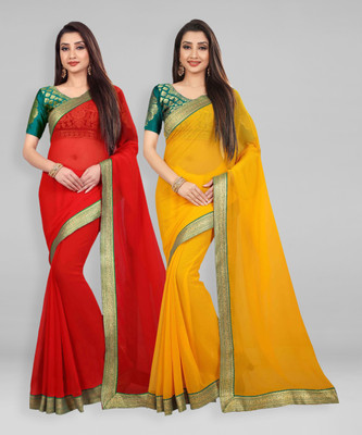 kashvi sarees Solid/Plain Bollywood Chiffon Saree(Pack of 2, Red)