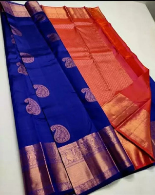 HouseOfCommon Embellished, Woven Dharmavaram Jacquard, Pure Silk Saree(Blue)